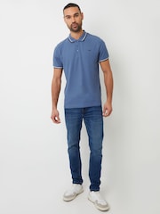 Threadbare Denim Blue Herringbone Tipping Detail Pique Polo Shirt - Image 4 of 4