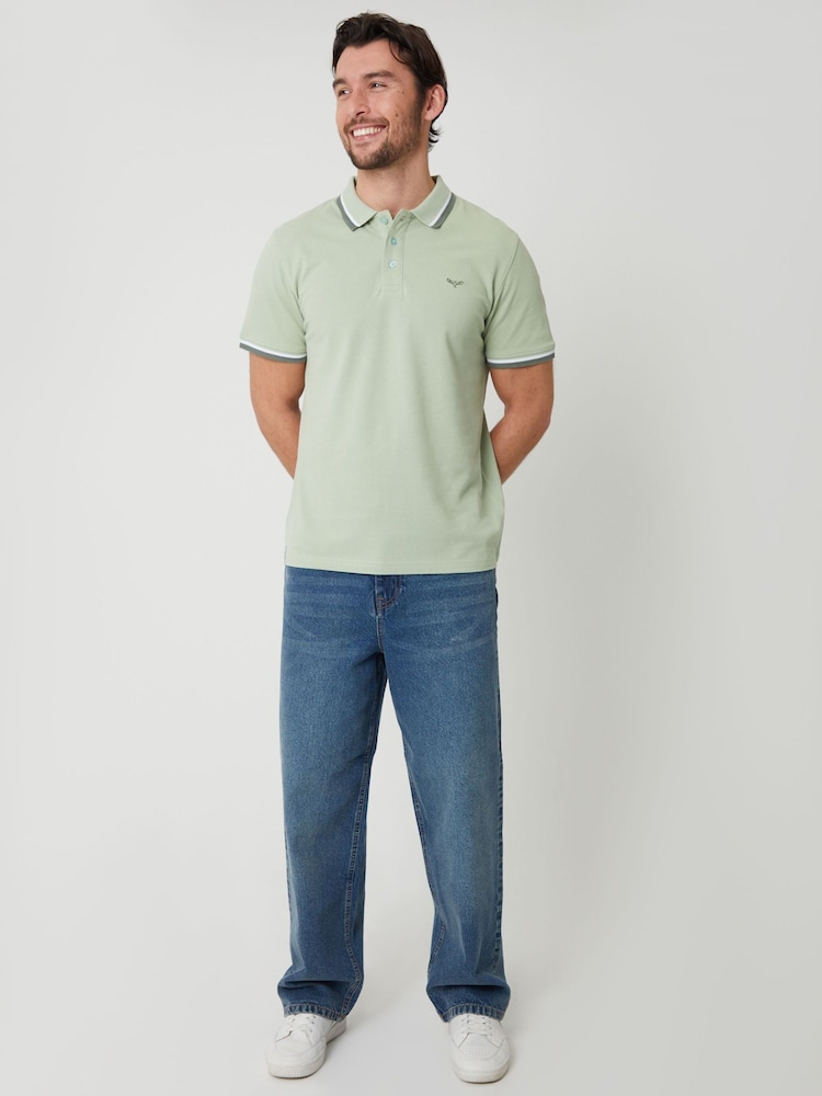 Threadbare Green Herringbone Tipping Detail Pique Polo Shirt - Image 4 of 4