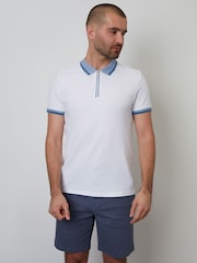 Threadbare White Pique Tipping Collar Quarter Zip Polo Shirt - Image 1 of 4