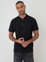 Threadbare Black Textured Quarter Zip Polo Shirt - Image 1 of 3
