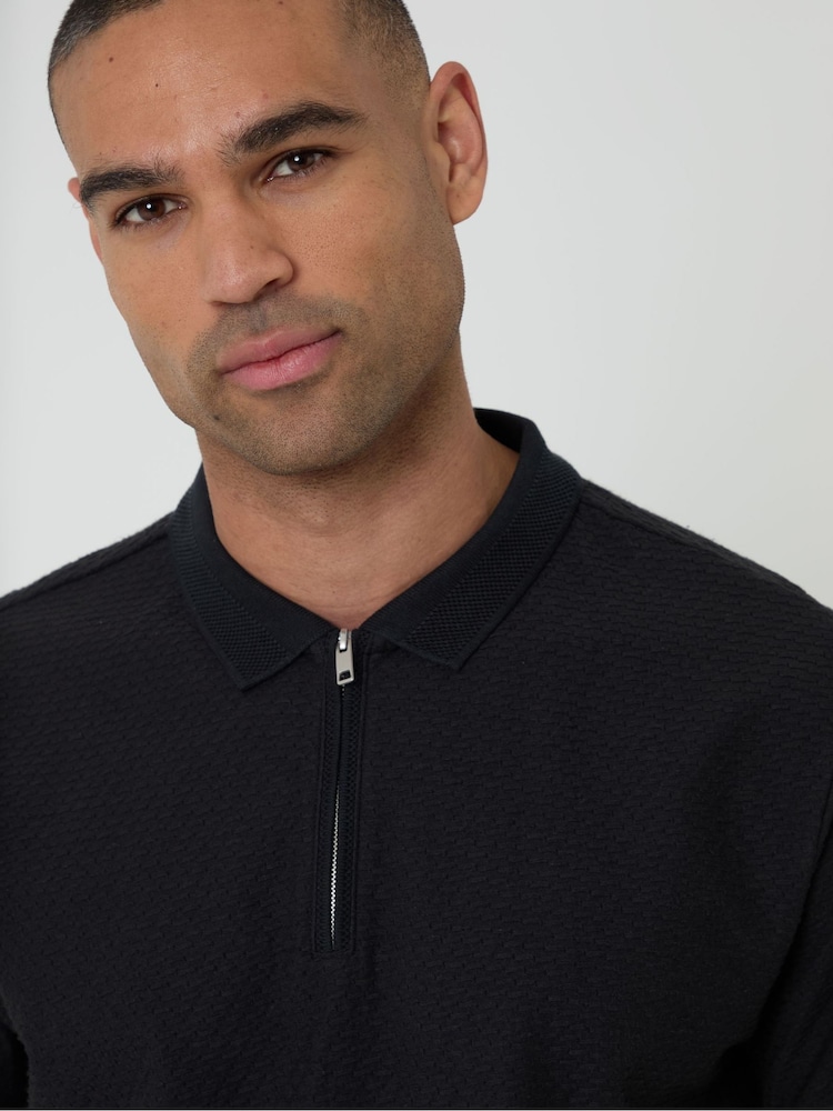 Threadbare Black Textured Quarter Zip Polo Shirt - Image 3 of 3
