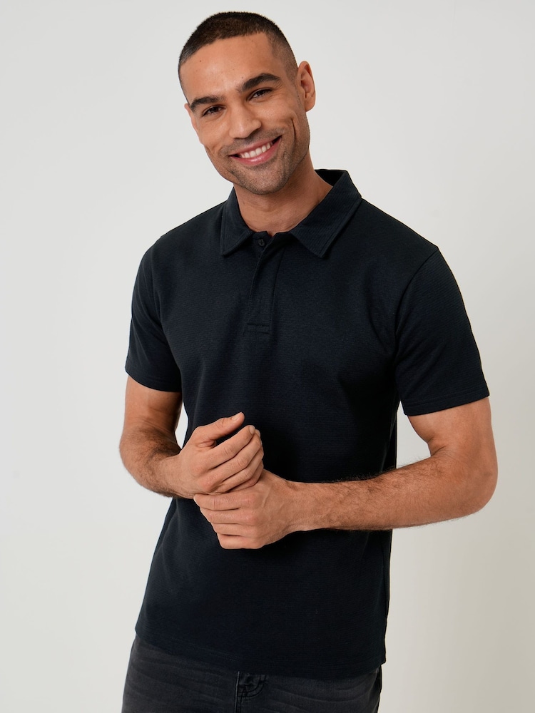 Threadbare Black Textured Hidden Placket Polo Shirt - Image 1 of 5