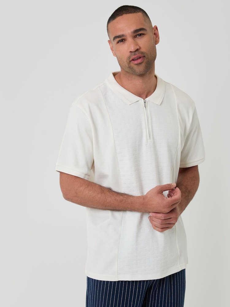 Threadbare Cream Textured Front Quarter Zip Polo Shirt - Image 1 of 5 Threadbare Cream Textured Front Quarter Zip Polo Shirt - Image 1 of 5