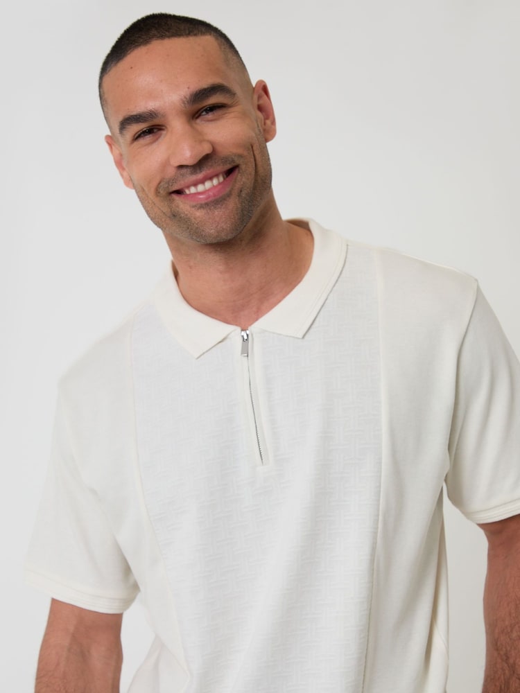 Threadbare Cream Textured Front Quarter Zip Polo Shirt - Image 2 of 5 Threadbare Cream Textured Front Quarter Zip Polo Shirt - Image 2 of 5