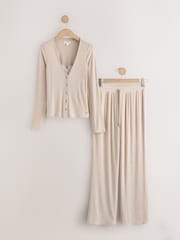 دقيق الشوفان - Lace Ribbed Cardigan Long Sleeve Pyjamas - صورة 6 من 8