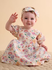 Purebaby Pink Linen Blend Floral Dress and Headband - Image 1 of 7