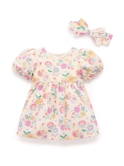 Purebaby Pink Linen Blend Floral Dress and Headband - Image 4 of 7