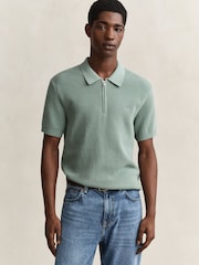 GANT Blue Textured Cotton Tib Button Neck Polo Shirt - Image 1 of 5