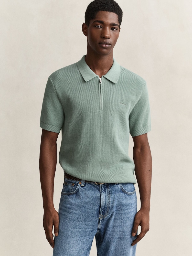 GANT Blue Textured Cotton Tib Button Neck Polo Shirt - Image 1 of 5 GANT Blue Textured Cotton Tib Button Neck Polo Shirt - Image 1 of 5
