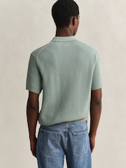 GANT Blue Textured Cotton Tib Button Neck Polo Shirt - Image 2 of 5