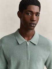 GANT Blue Textured Cotton Tib Button Neck Polo Shirt - Image 4 of 5