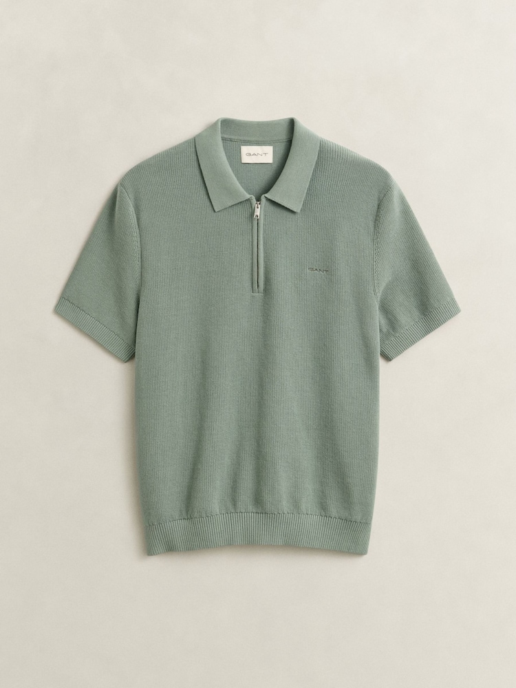 GANT Blue Textured Cotton Tib Button Neck Polo Shirt - Image 5 of 5 GANT Blue Textured Cotton Tib Button Neck Polo Shirt - Image 5 of 5