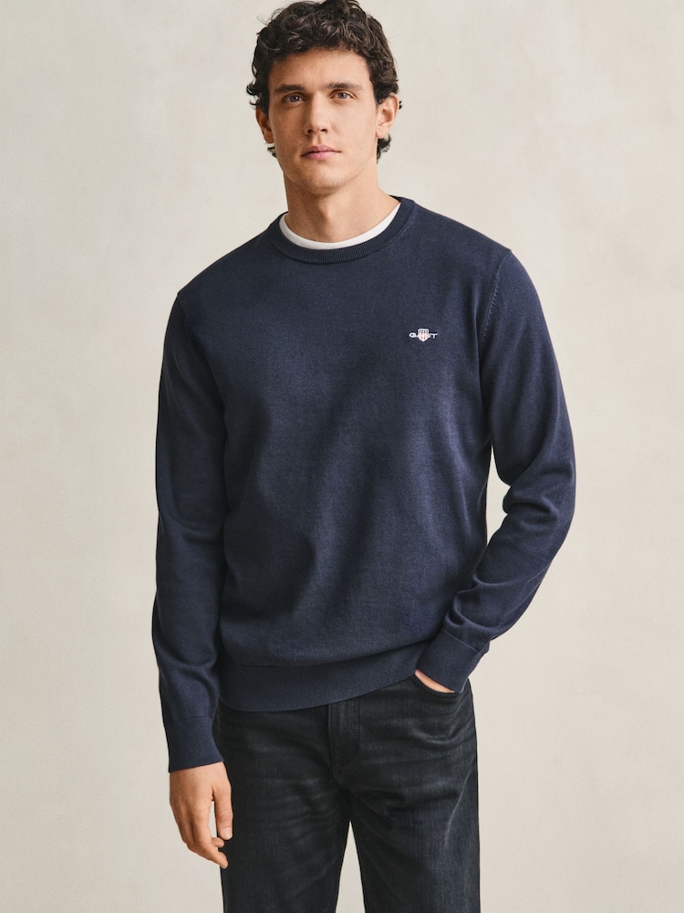 GANT Navy Blue Classic Cotton Crew Neck Jumper - Image 1 of 5 GANT Navy Blue Classic Cotton Crew Neck Jumper - Image 1 of 5