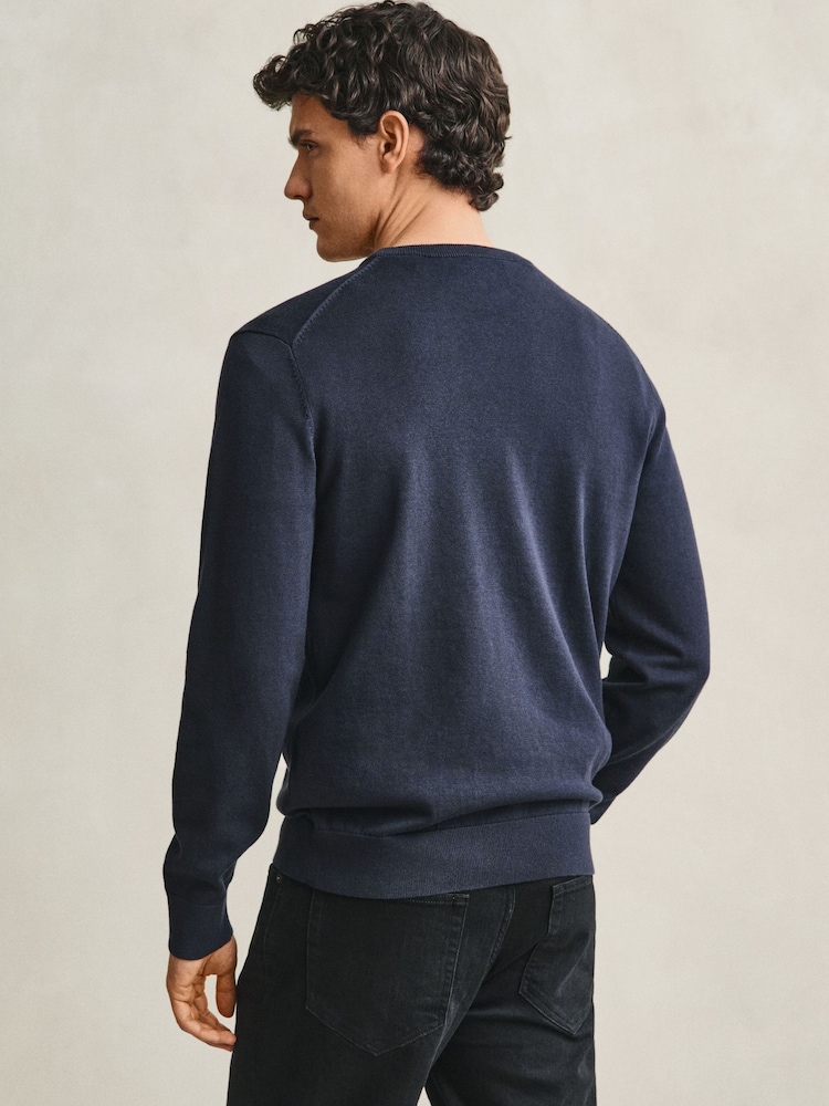 GANT Navy Blue Classic Cotton Crew Neck Jumper - Image 2 of 5 GANT Navy Blue Classic Cotton Crew Neck Jumper - Image 2 of 5