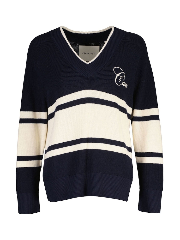 GANT Blue Varsity Block Stripe Knit V Neck Knit Jumper - Image 1 of 1 GANT Blue Varsity Block Stripe Knit V Neck Knit Jumper - Image 1 of 1