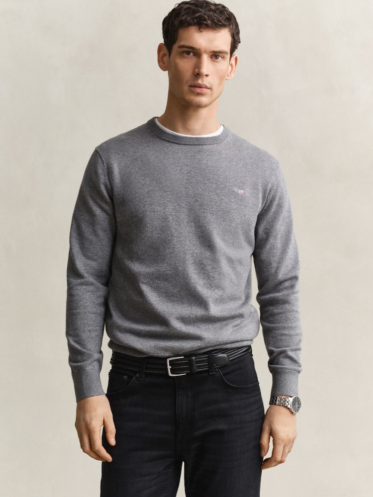 GANT Grey Classic Cotton Crew Neck Jumper - Image 1 of 5 GANT Grey Classic Cotton Crew Neck Jumper - Image 1 of 5