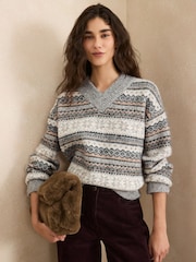 Grey Fairisle Long Sleeve High V-Neck Fuzzy Knit Jumper With Wool - Image 1 of 5