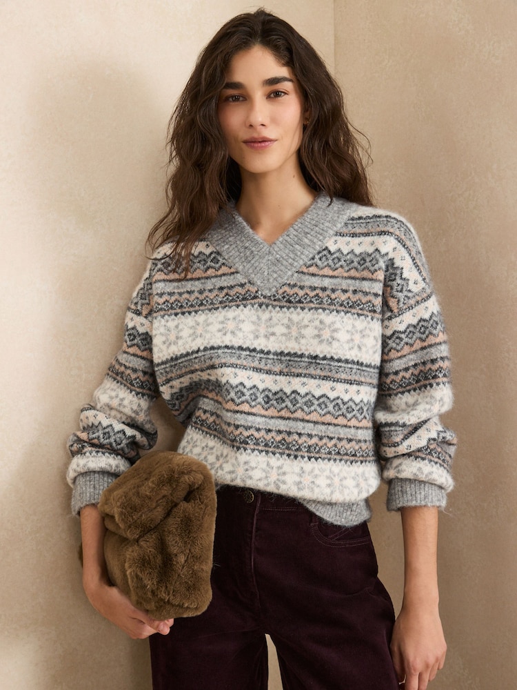 Grey Fairisle Long Sleeve High V-Neck Fuzzy Knit Jumper With Wool - Image 1 of 5 Grey Fairisle Long Sleeve High V-Neck Fuzzy Knit Jumper With Wool - Image 1 of 5