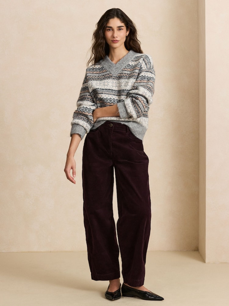 Grey Fairisle Long Sleeve High V-Neck Fuzzy Knit Jumper With Wool - Image 2 of 5 Grey Fairisle Long Sleeve High V-Neck Fuzzy Knit Jumper With Wool - Image 2 of 5