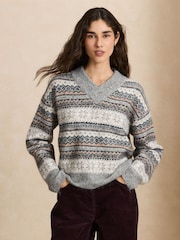 Grey Fairisle Long Sleeve High V-Neck Fuzzy Knit Jumper With Wool - Image 3 of 5