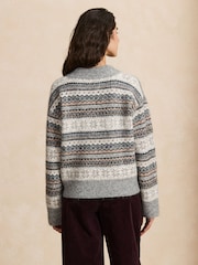 Grey Fairisle Long Sleeve High V-Neck Fuzzy Knit Jumper With Wool - Image 4 of 5