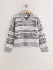 Grey Fairisle - Long Sleeve High V-Neck Fuzzy Knit Jumper With Wool - Imagem 6 de 8