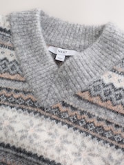 Grey Fairisle - Long Sleeve High V-Neck Fuzzy Knit Jumper With Wool - Imagem 7 de 8