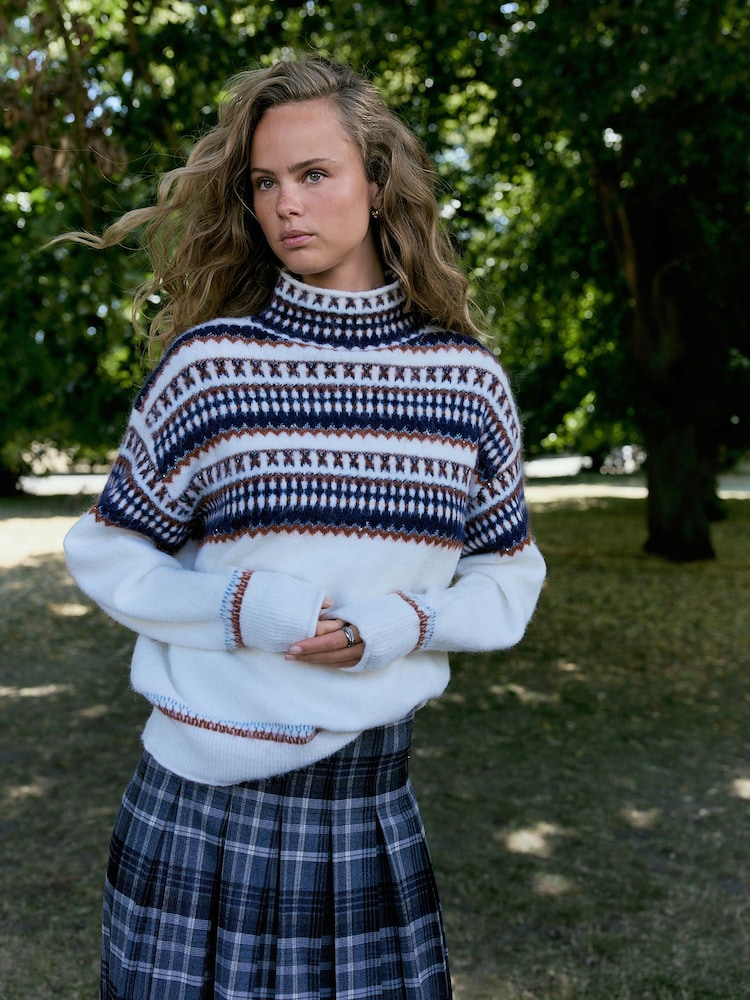 Ecru/Navy Fairisle Long Sleeve Standneck Knit Jumper With Wool - Image 1 of 7 Ecru/Navy Fairisle Long Sleeve Standneck Knit Jumper With Wool - Image 1 of 7