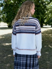Ecru/Navy Fairisle Long Sleeve Standneck Knit Jumper With Wool - Image 3 of 7