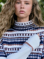 Ecru/Navy Fairisle Long Sleeve Standneck Knit Jumper With Wool - Image 4 of 7
