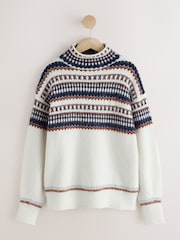 Ecru/Navy Fairisle Long Sleeve Standneck Knit Jumper With Wool - Image 5 of 7