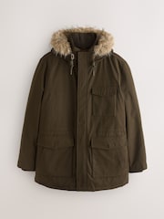 Khaki Green Shower Resistant Faux Fur Hooded Parka With Quilted Lining - Image 10 of 15