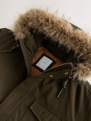 Khaki Green Shower Resistant Faux Fur Hooded Parka With Quilted Lining - Image 12 of 15