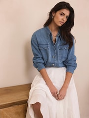 Mint Velvet Blue Denim Scallop Shirt - Image 1 of 8