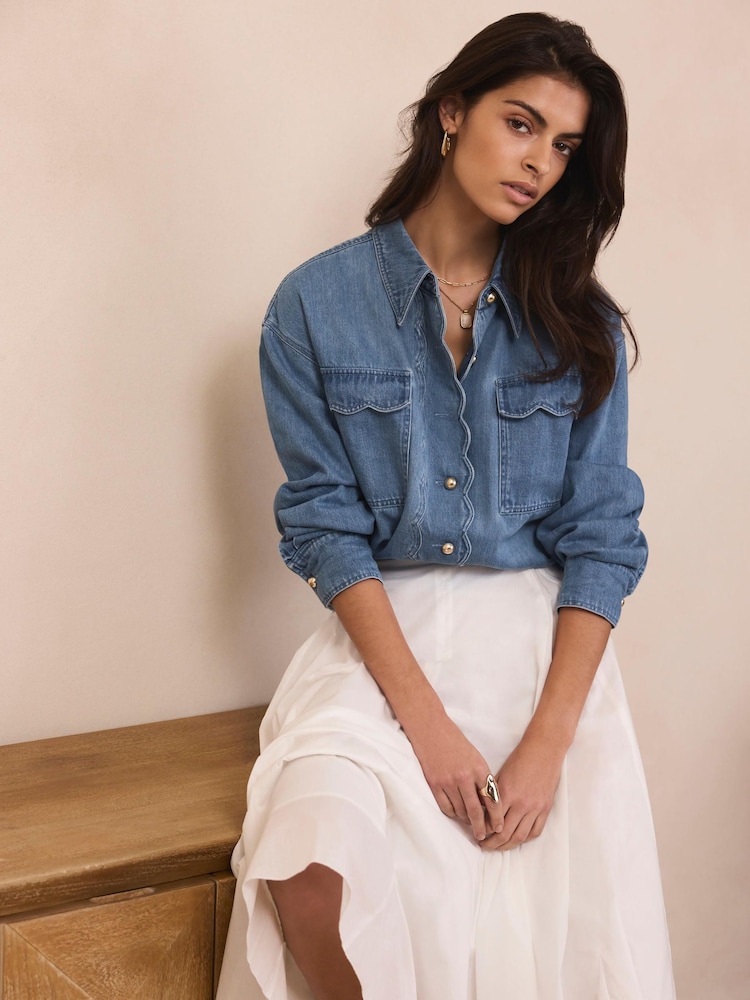 Mint Velvet Blue Denim Scallop Shirt - Image 1 of 8