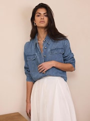 Mint Velvet Blue Denim Scallop Shirt - Image 3 of 8