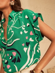 Love & Roses Green Print Roll Sleeve Button Down Shirt - Image 2 of 4