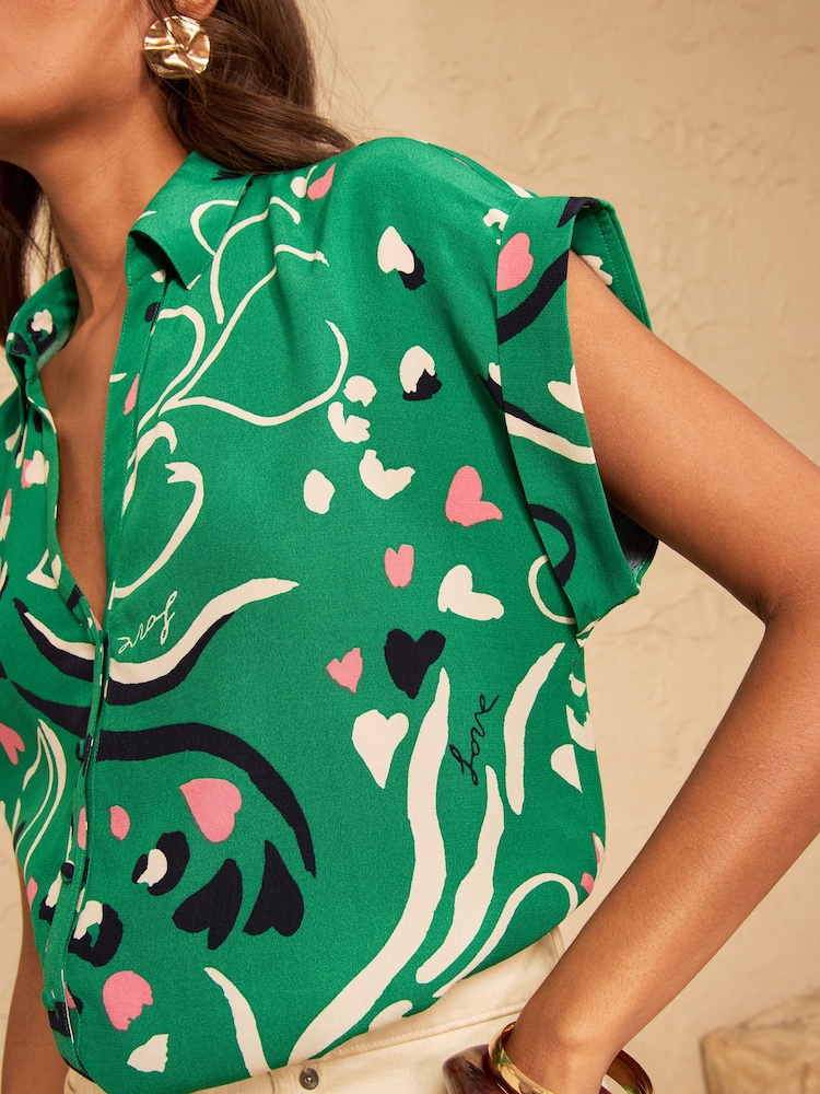 Love & Roses Green Print Roll Sleeve Button Down Shirt - Image 2 of 4