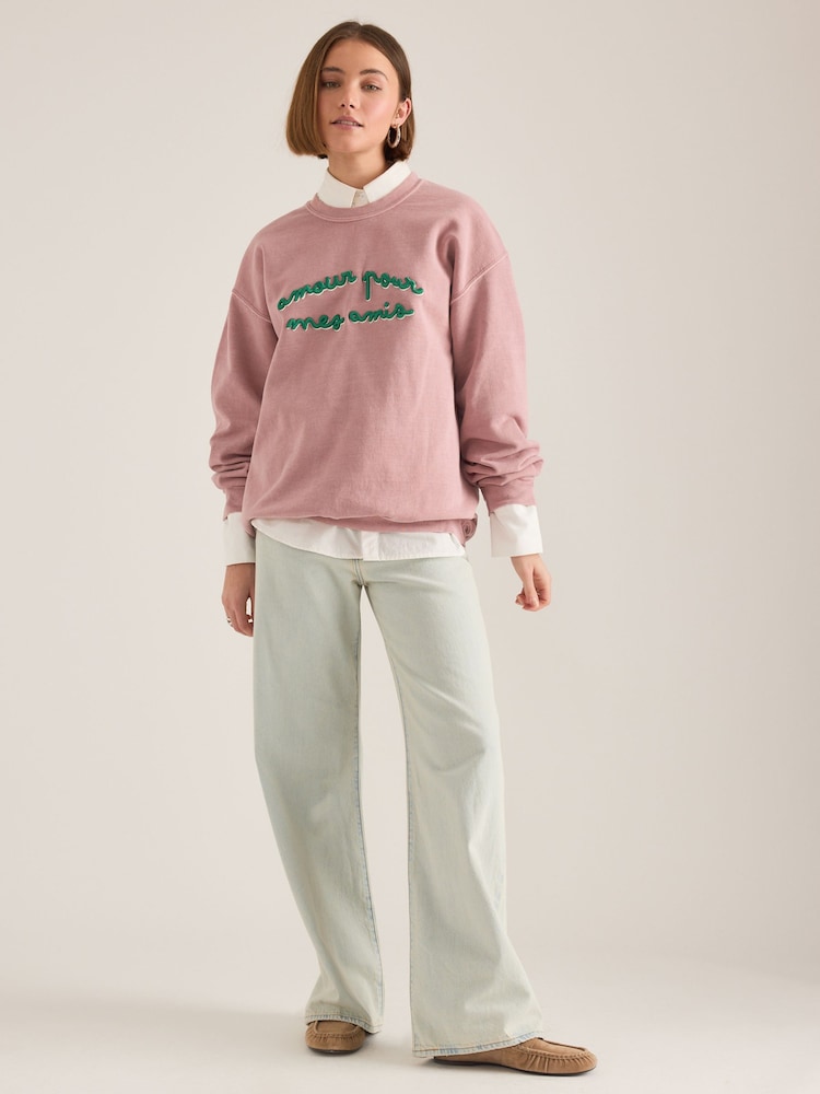 Anthropologie Amour Embroidered Pink Sweatshirt - Εικόνα 2 του 4