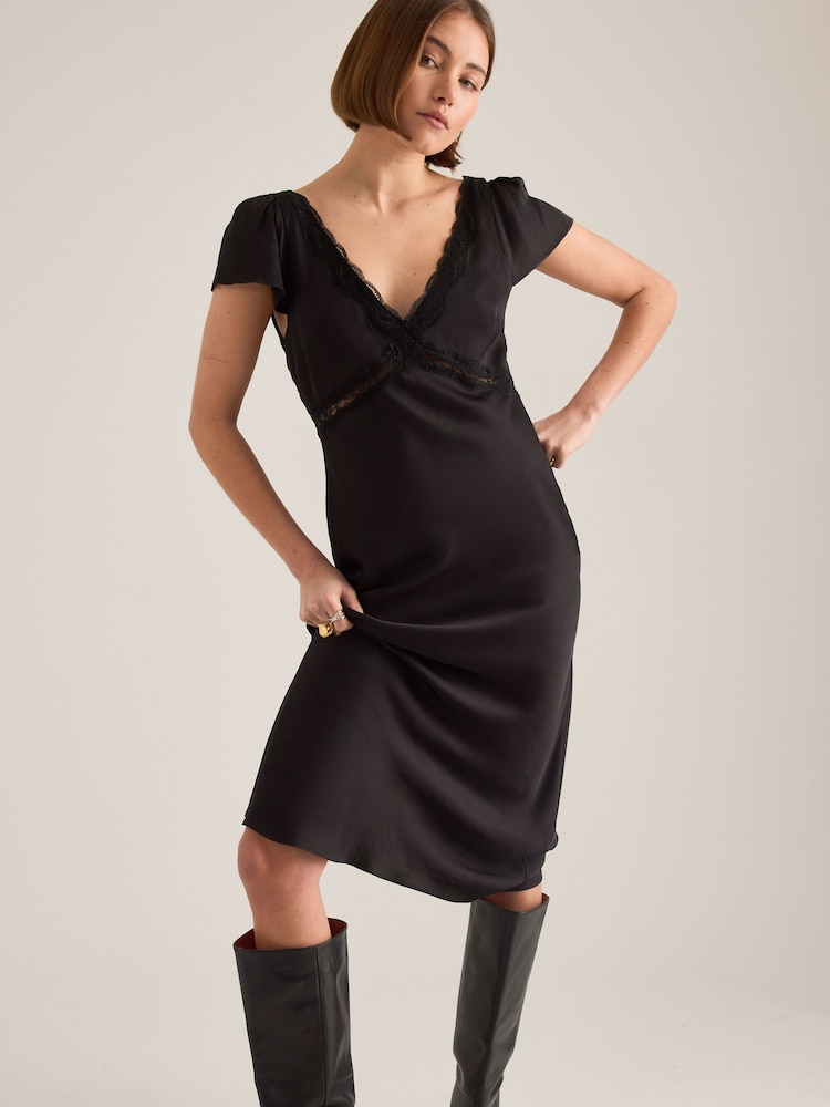 Anthropologie Lace Trim Satin Black Midi Dress - Image 1 of 4