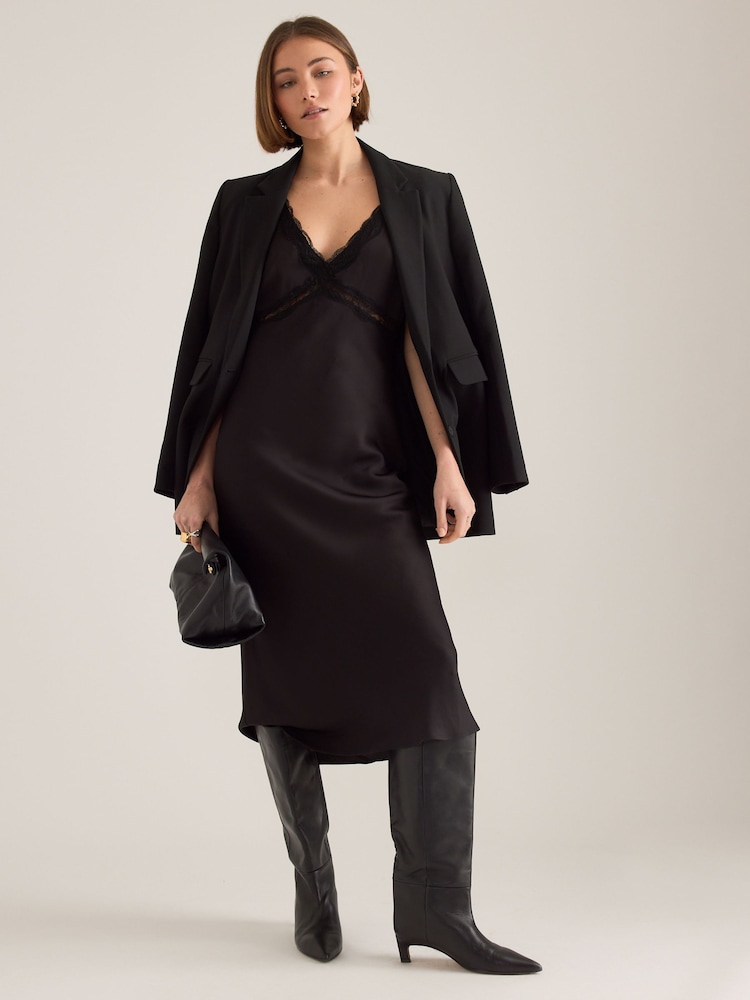 Anthropologie Lace Trim Satin Black Midi Dress - Image 2 of 4