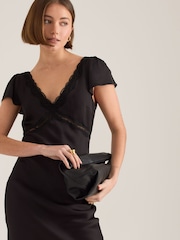 Anthropologie Lace Trim Satin Black Midi Dress - Image 3 of 4