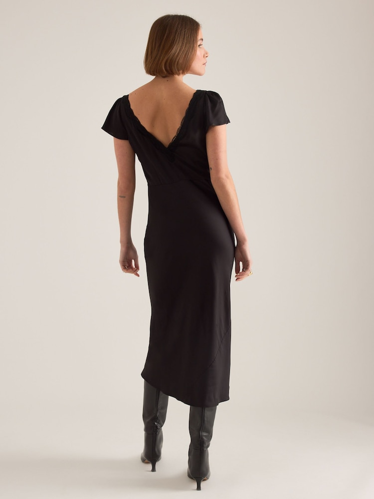 Anthropologie Lace Trim Satin Black Midi Dress - Image 4 of 4
