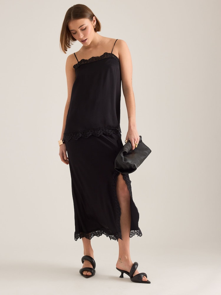 Anthropologie Lace-Trim Bias-Cut Satin Midi Skirt - Image 1 of 4