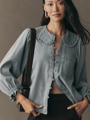 Anthropologie Pilcro The Keira Collared Button-Front Long-Sleeve Denim Edition Blue Blouse - Imaginea 1 din 4