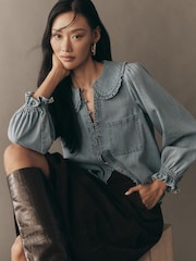 Anthropologie Pilcro The Keira Collared Button-Front Long-Sleeve Denim Edition Blue Blouse - Imaginea 4 din 4