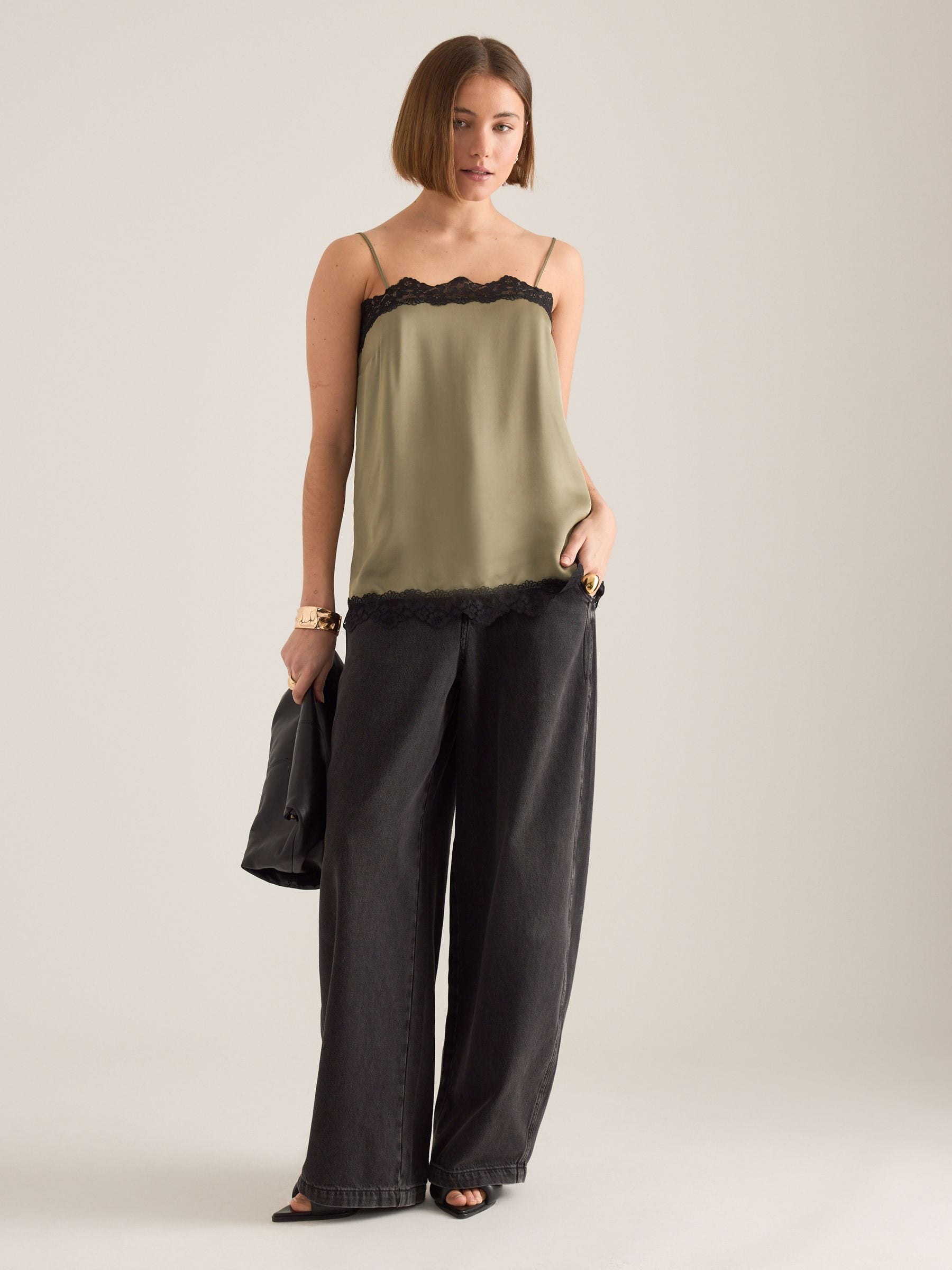 Buy Anthropologie Green Lace-Trim Satin Cami Top from Next USA