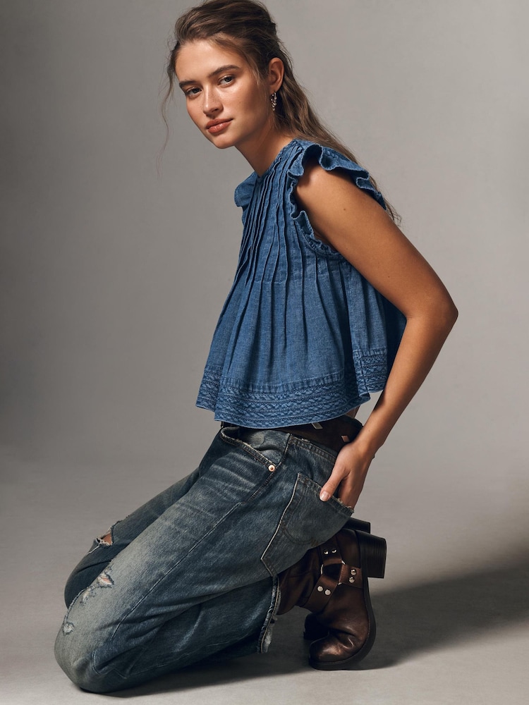Anthropologie Pilcro The Jade Denim Swing Blue Top - Image 1 of 4