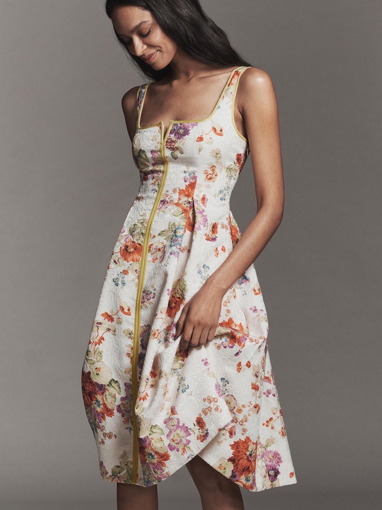 Anthropologie Maeve Square-Neck Piped Floral Cream Midi Dress - Image 1 of 4