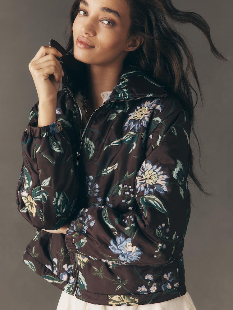 Anthropologie The Dahlia Floral Brown Bomber Jacket - Image 1 of 4